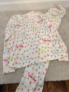 Kids' White Holiday Light Print Pajama Set with name Andrew